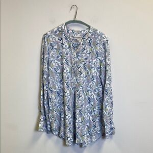 Loft Small Women’s Blue and Yellow Casual Button Down Shirt with Floral Print